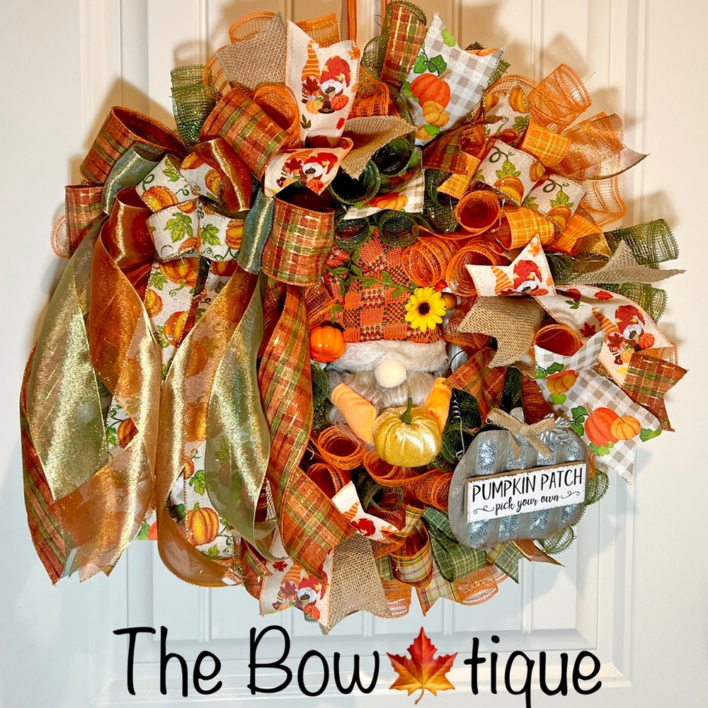 Autum Fall Ribbon Wreath Pumpkin Gnome Handmade 22 in’s. #W2